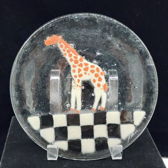 Peggy Karr Fused Glass Animal Plates African Animals Giraffe Zebra Rhino Hippo - Picture 2 of 9